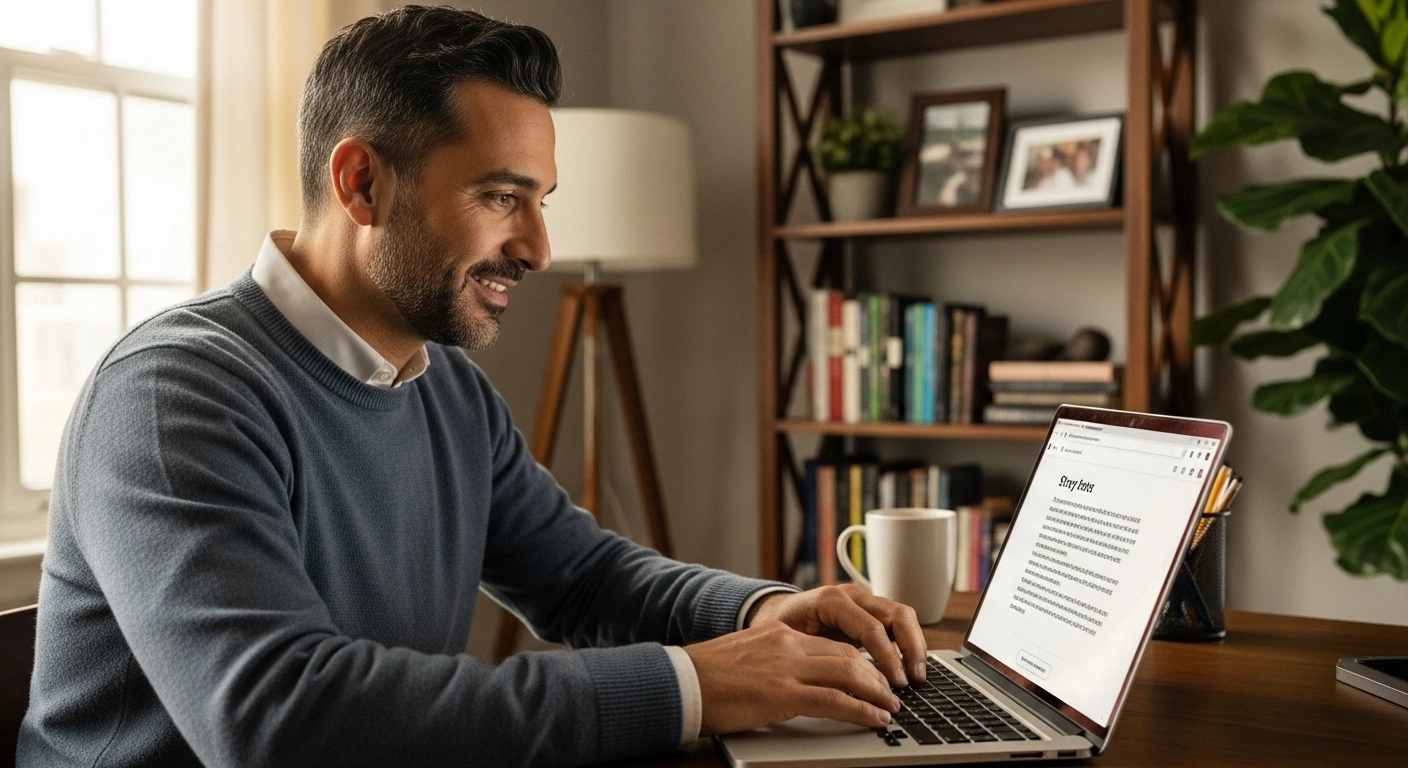 Coach en train d'écrire un post LinkedIn authentique basé sur son histoire personnelle pour créer une connexion.