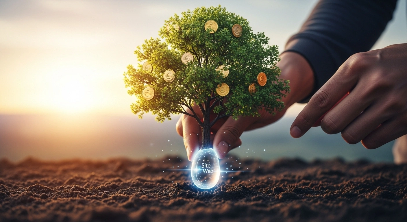 Balance symbolisant l'investissement dans un site web pesant plus lourd que son coût initial.