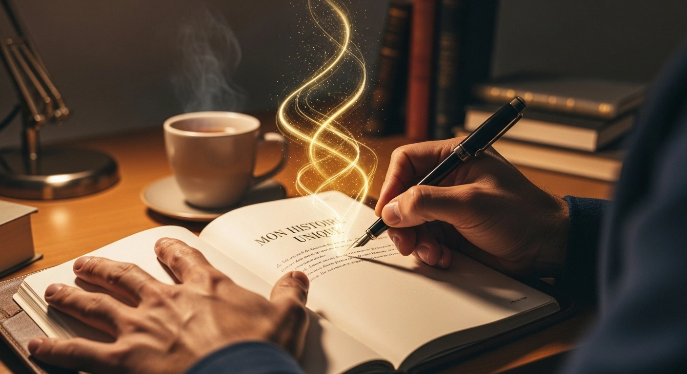 Une personne écrivant son histoire dans un carnet, symbolisant la création d'une connexion authentique avec ses clients.