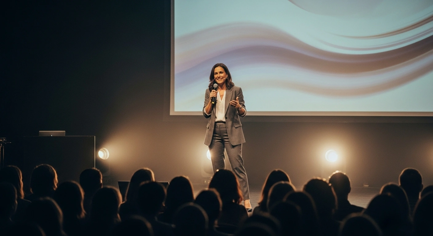 Un coach se tenant avec confiance devant un public, incarnant la transformation réussie.