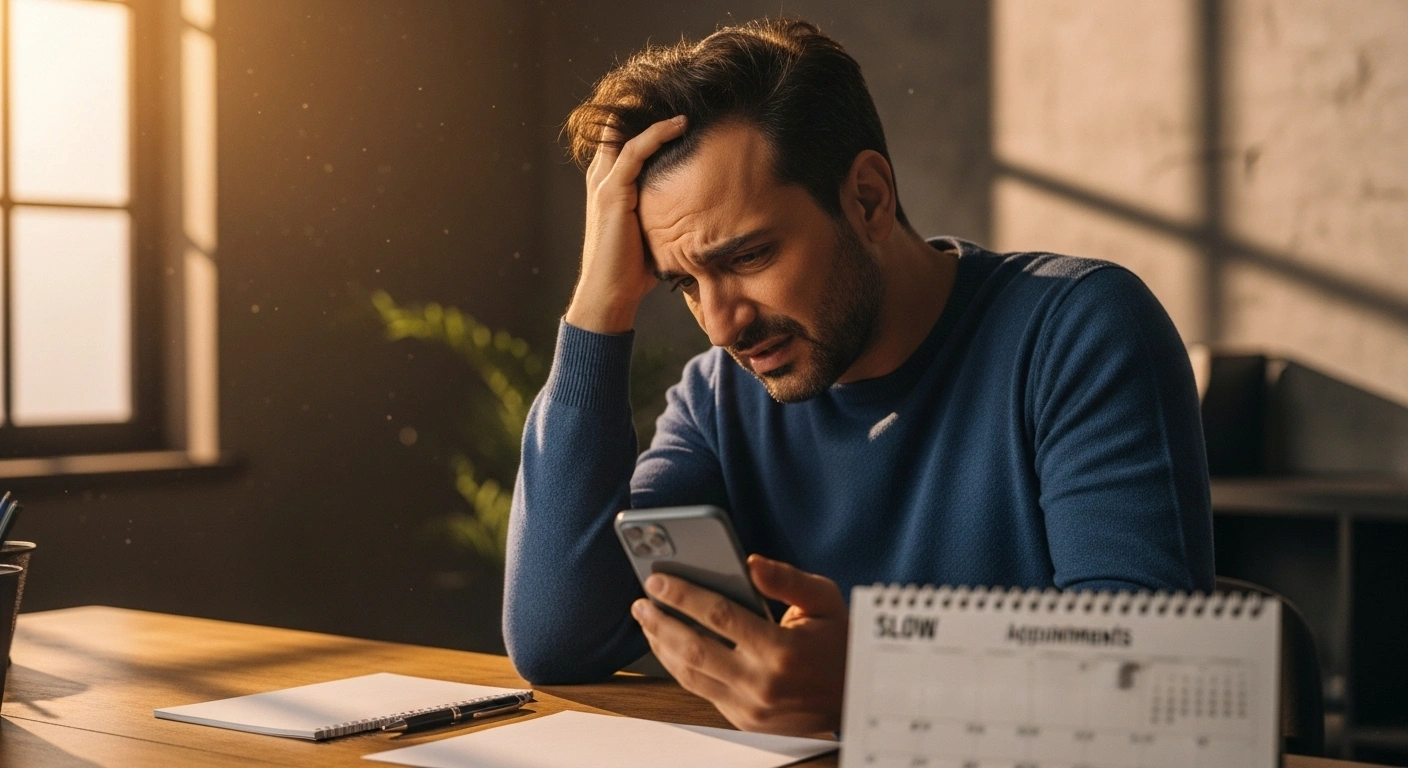 Coach indépendant regardant son téléphone avec frustration, symbolisant le coût caché de ne pas avoir de site web.