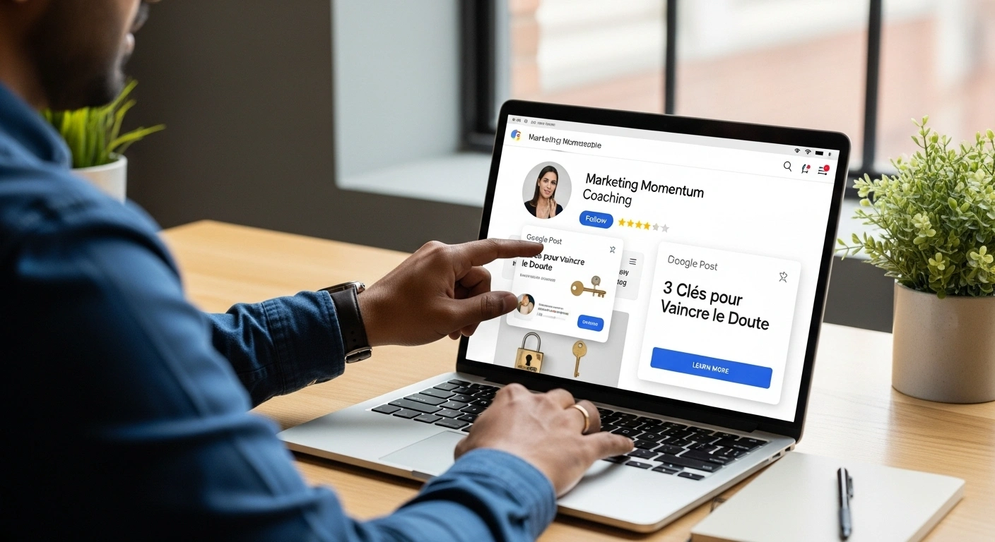 Coach animant sa vitrine digitale via des Google Posts sur un ordinateur