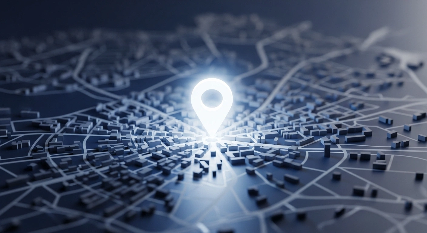 Carte d'une ville avec une punaise brillante au centre, symbolisant le coach de référence local