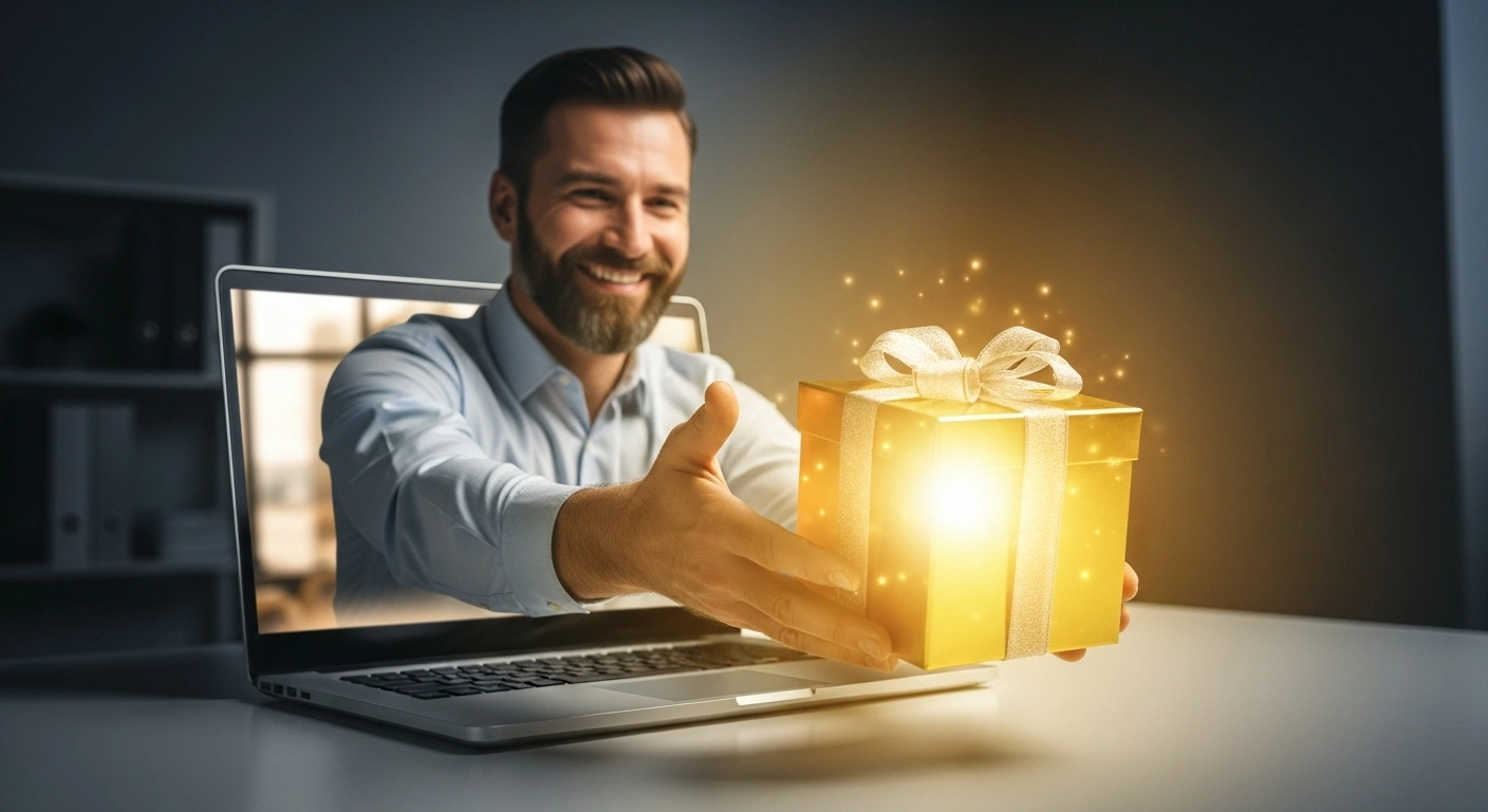 Coach offrant généreusement de la valeur, symbolisé par un cadeau lumineux, à travers un écran d'ordinateur.
