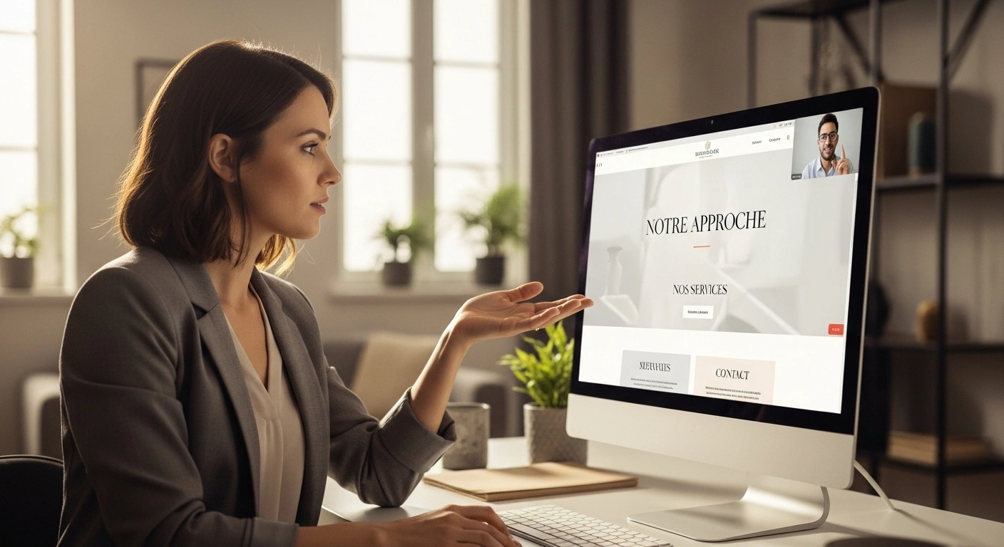 Coach en visioconférence partageant son écran pour présenter son Site Clarté à un prospect.