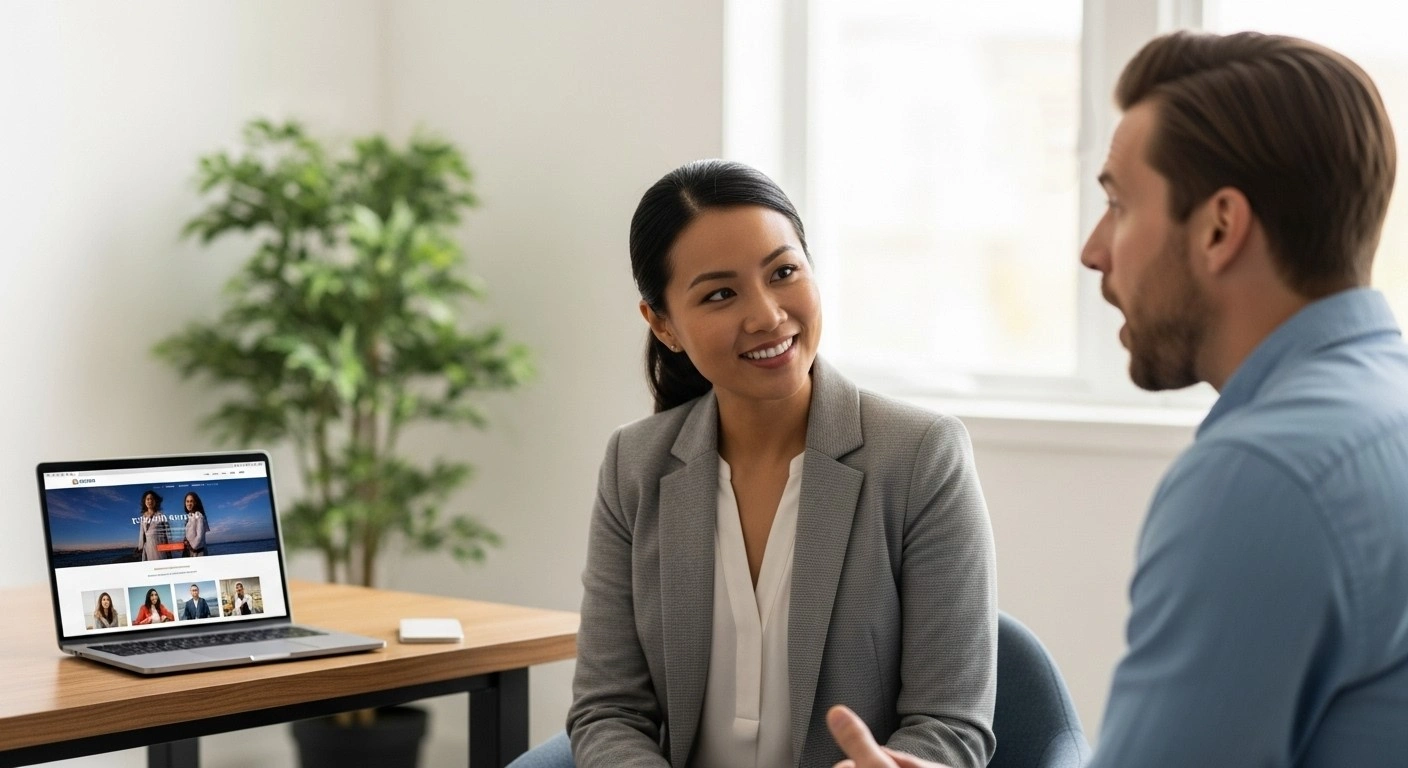 Coach professionnel discutant avec un client, symbolisant la légitimité et la confiance apportées par un site web.