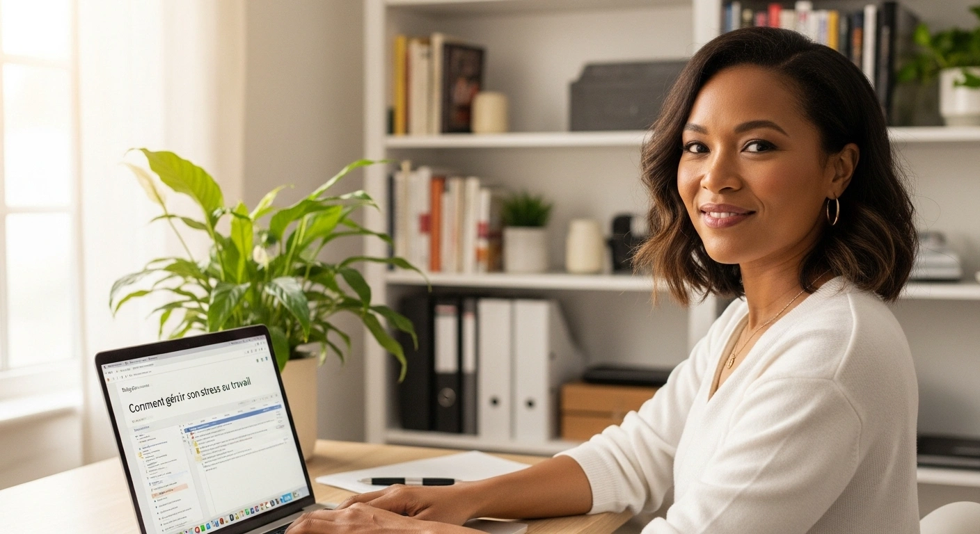 Coach rédigeant un article de blog sur un ordinateur, symbolisant la stratégie de contenu pour les résultats organiques.