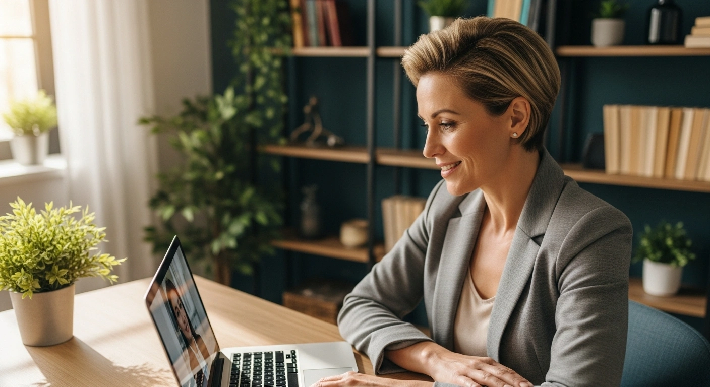 Un coach souriant lors d'une visioconférence, symbolisant l'attraction de clients.