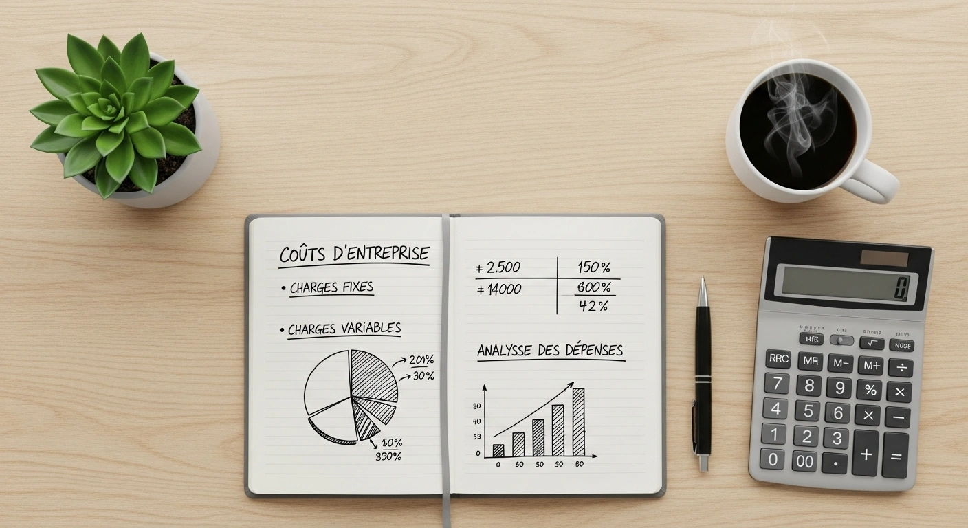 Personne à un bureau avec une calculatrice, un carnet et un café, planifiant ses finances.