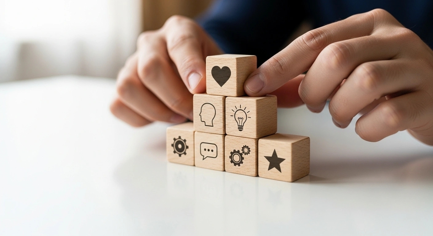 Personne assemblant des blocs de construction pour former une structure cohérente, symbolisant la création d'une offre signature.