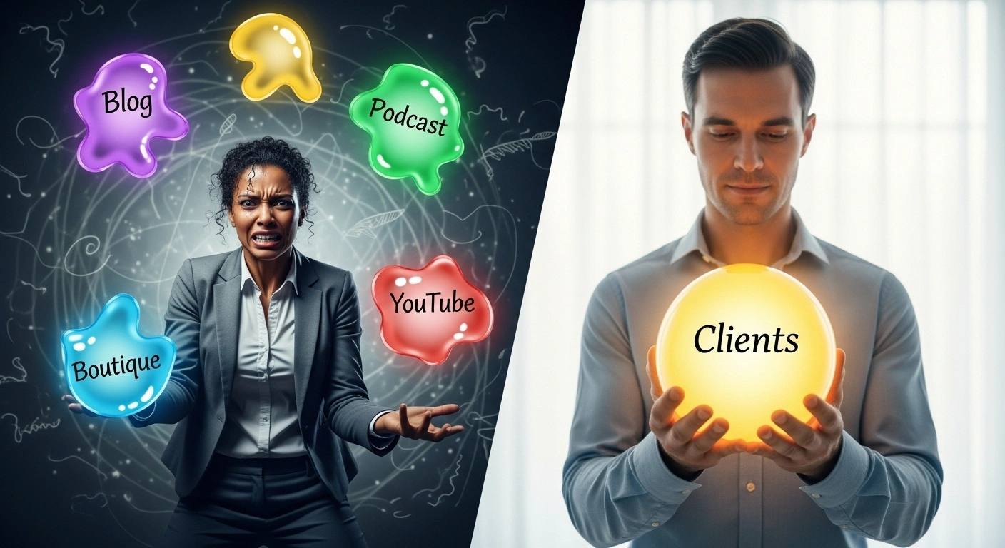 Personne jonglant avec de multiples tâches (blog, podcast) et une autre personne concentrée sur un seul objectif.