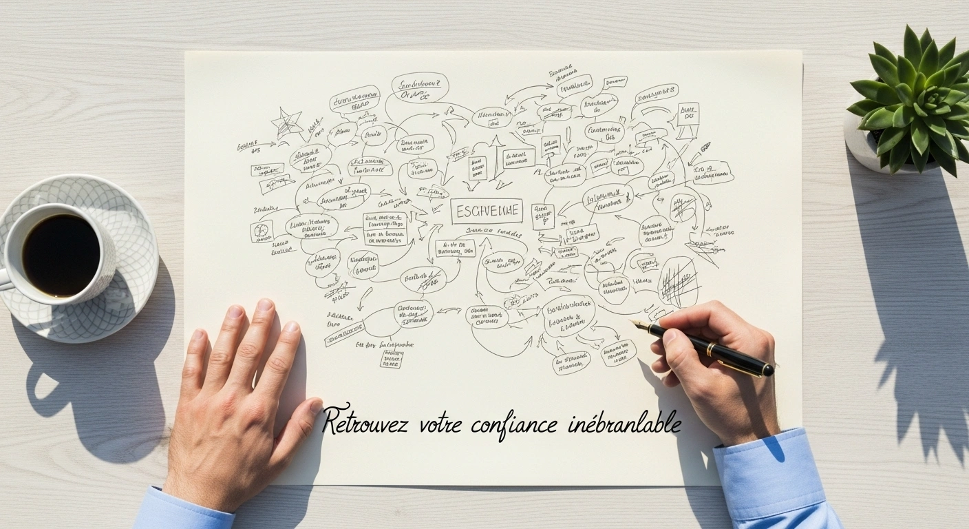 Personne distillant des idées complexes en une promesse de transformation simple et claire sur un carnet.