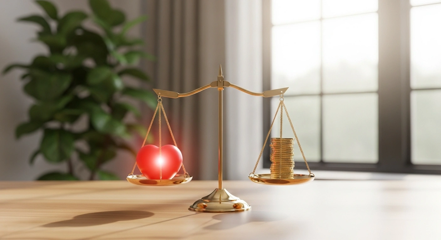 Balance en équilibre avec un coeur d'un côté et des pièces de monnaie de l'autre, symbolisant un tarif juste.