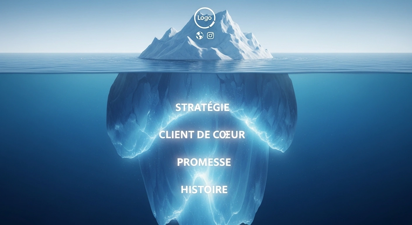 Illustration d'un iceberg montrant la partie visible (logo, site web) et l'immense partie immergée (stratégie, client de cœur, promesse).