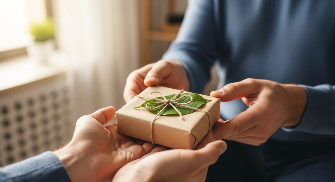 Main offrant un cadeau joliment emballé, symbolisant un cadeau de bienvenue