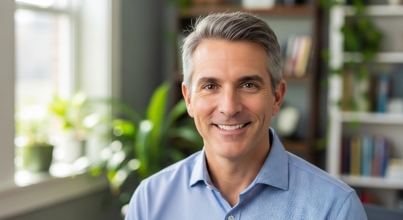 Portrait d'une coach souriante créant une connexion de confiance avec le visiteur.