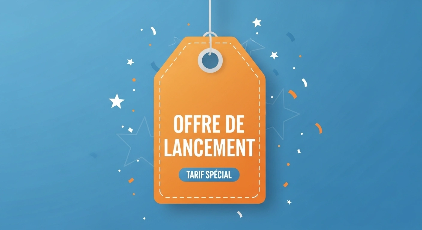 Illustration d'une offre spéciale de lancement avec une étiquette de prix promotionnel.