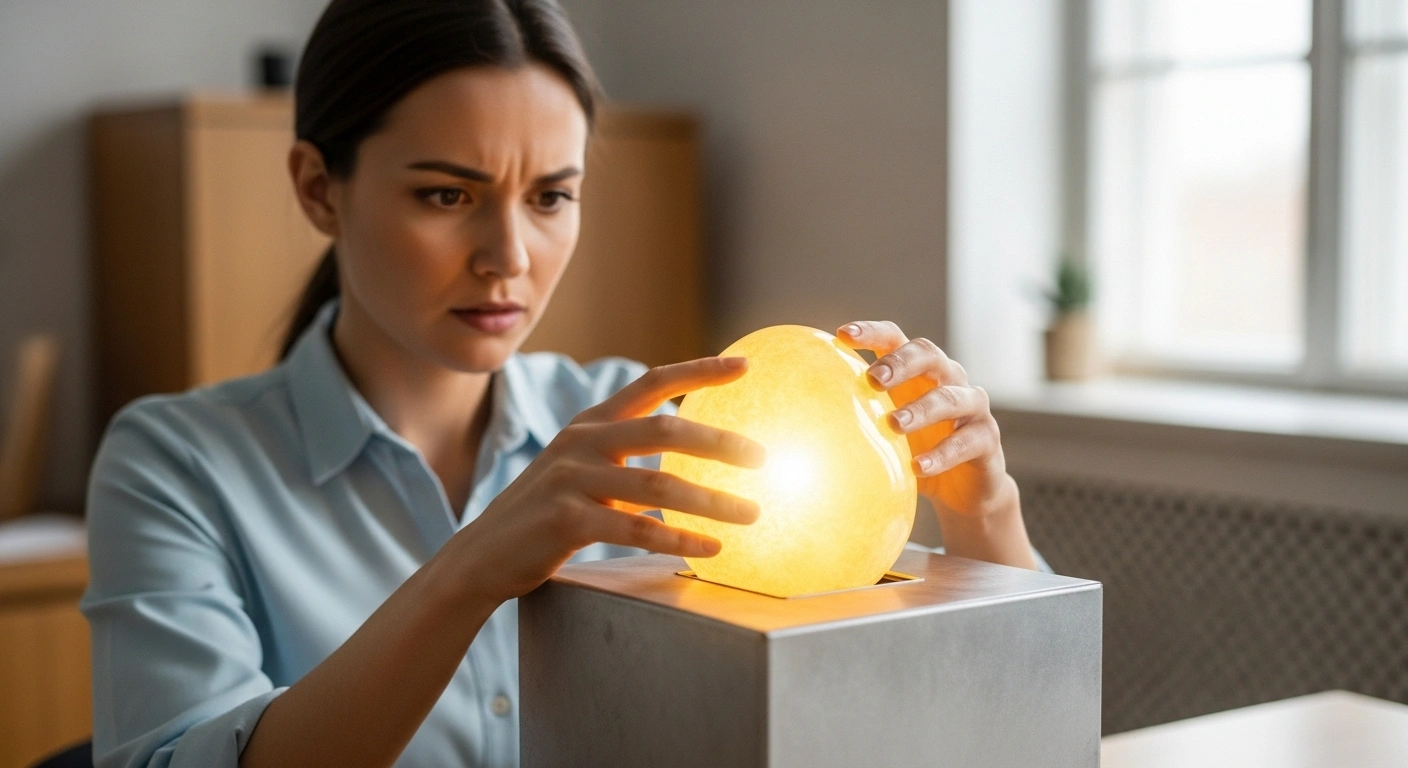 Personne essayant de faire rentrer un objet organique dans une boîte carrée, symbolisant le message forcé dans un template.