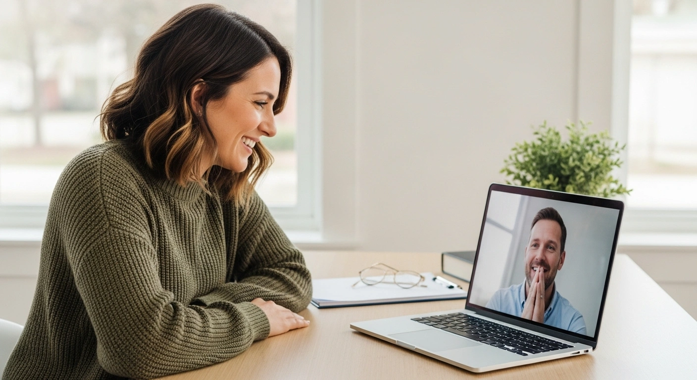 Coach souriant en visioconférence avec son premier client, symbolisant le succès de la stratégie.