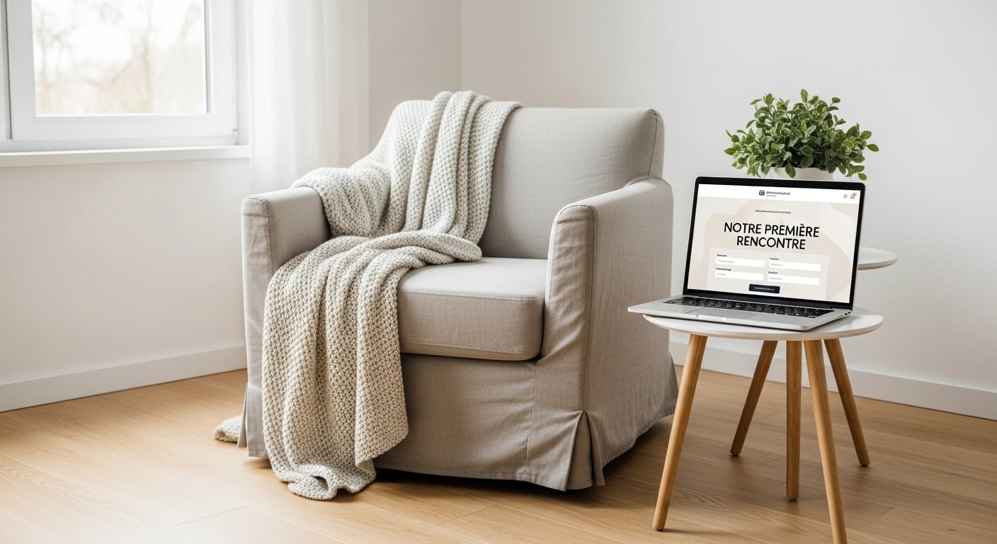 Tasse de thé fumante à côté d'un ordinateur portable affichant une page Calendly, symbolisant un accueil doux et bienveillant.