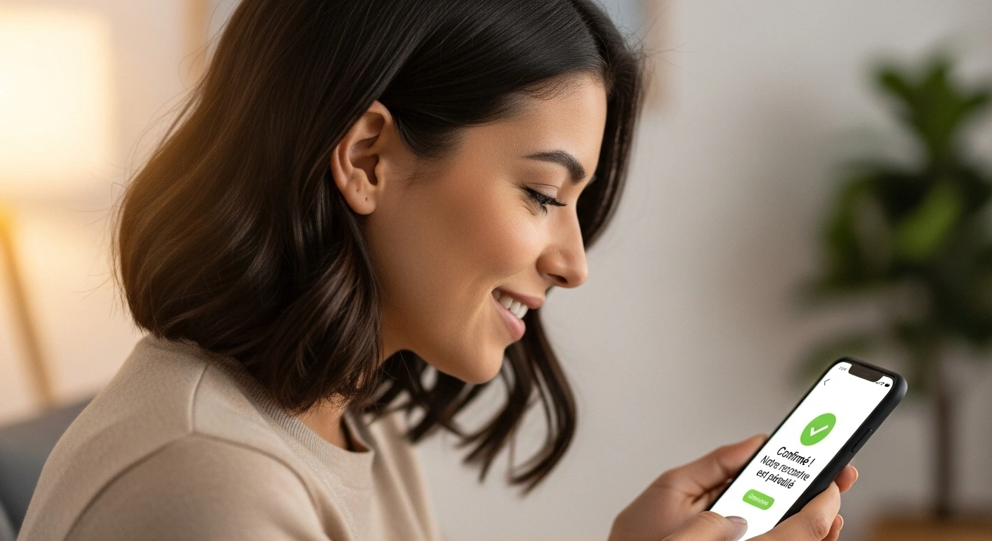 Confirmation de rendez-vous chaleureuse sur un écran de smartphone, tenue par des mains souriantes.