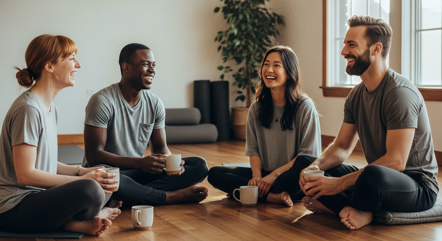 Groupe de personnes souriantes après un cours de yoga, symbolisant la communauté.