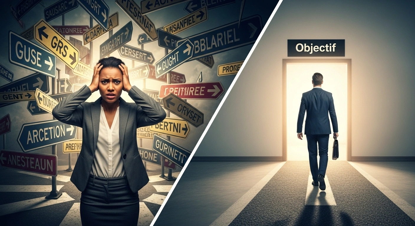 Illustration de deux parcours clients : un chemin chaotique et un chemin direct vers l'objectif