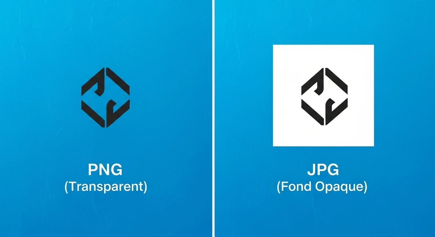 Comparaison visuelle entre un logo PNG transparent et un logo JPG avec un fond blanc