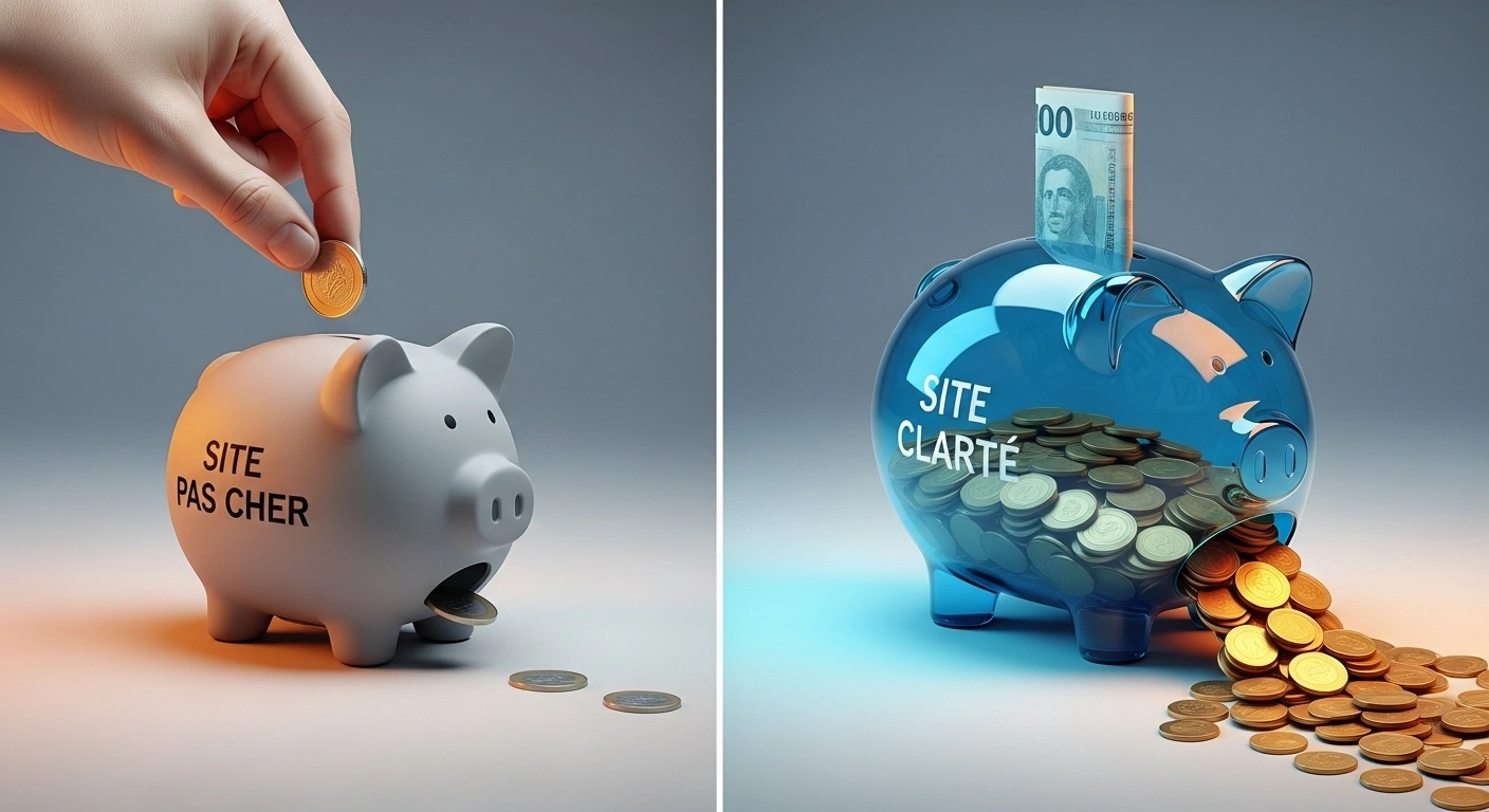 Deux tirelires comparant la rentabilité d'un site web pas cher et d'un site web stratégique