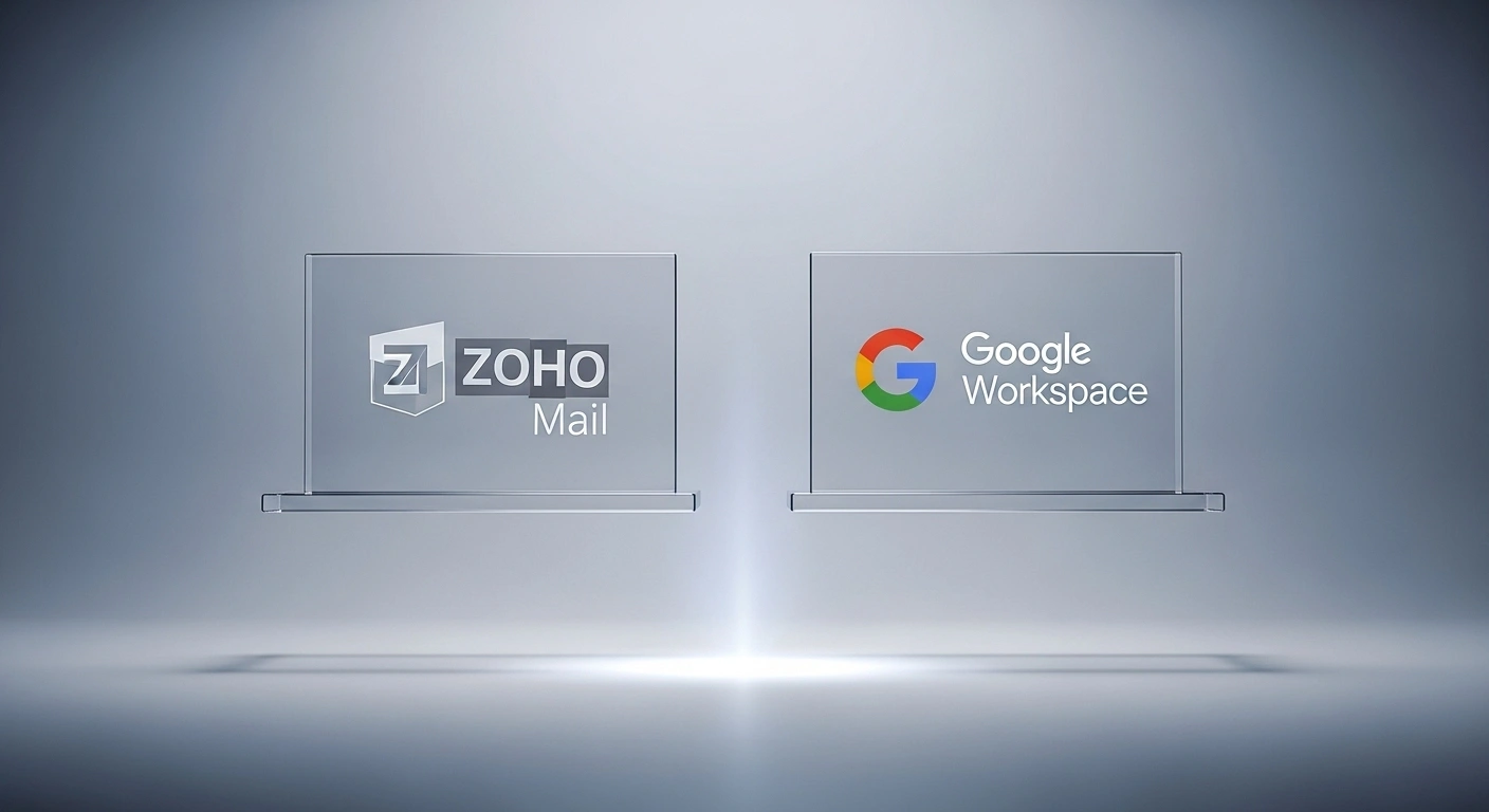 Balance avec les logos de Zoho Mail et Google Workspace, symbolisant la comparaison