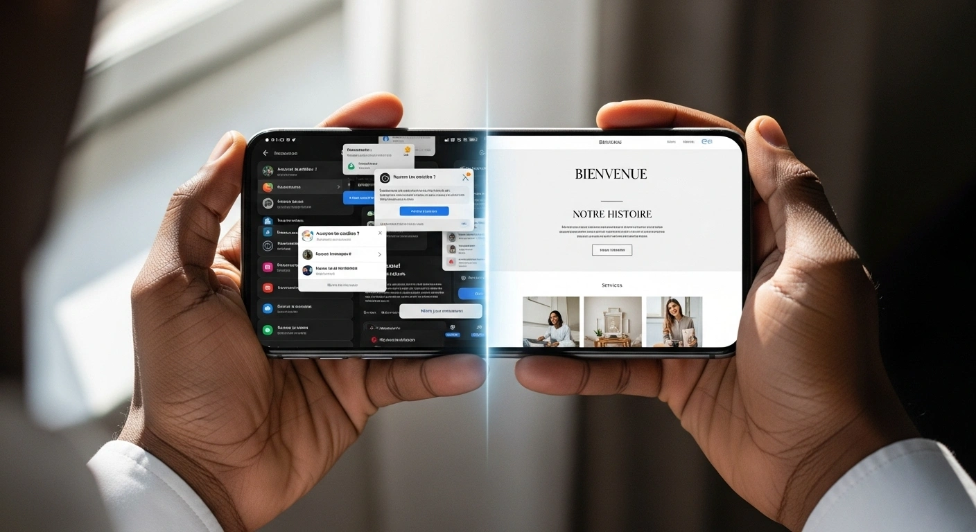 Comparaison d'un site web traditionnel et d'un Site Clarté sur smartphone, montrant la supériorité de ce dernier.