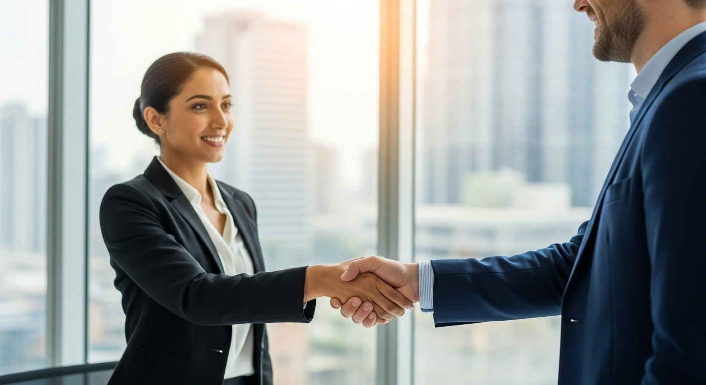 Deux personnes se serrant la main pour conclure un accord de partenariat à long terme dans un bureau.