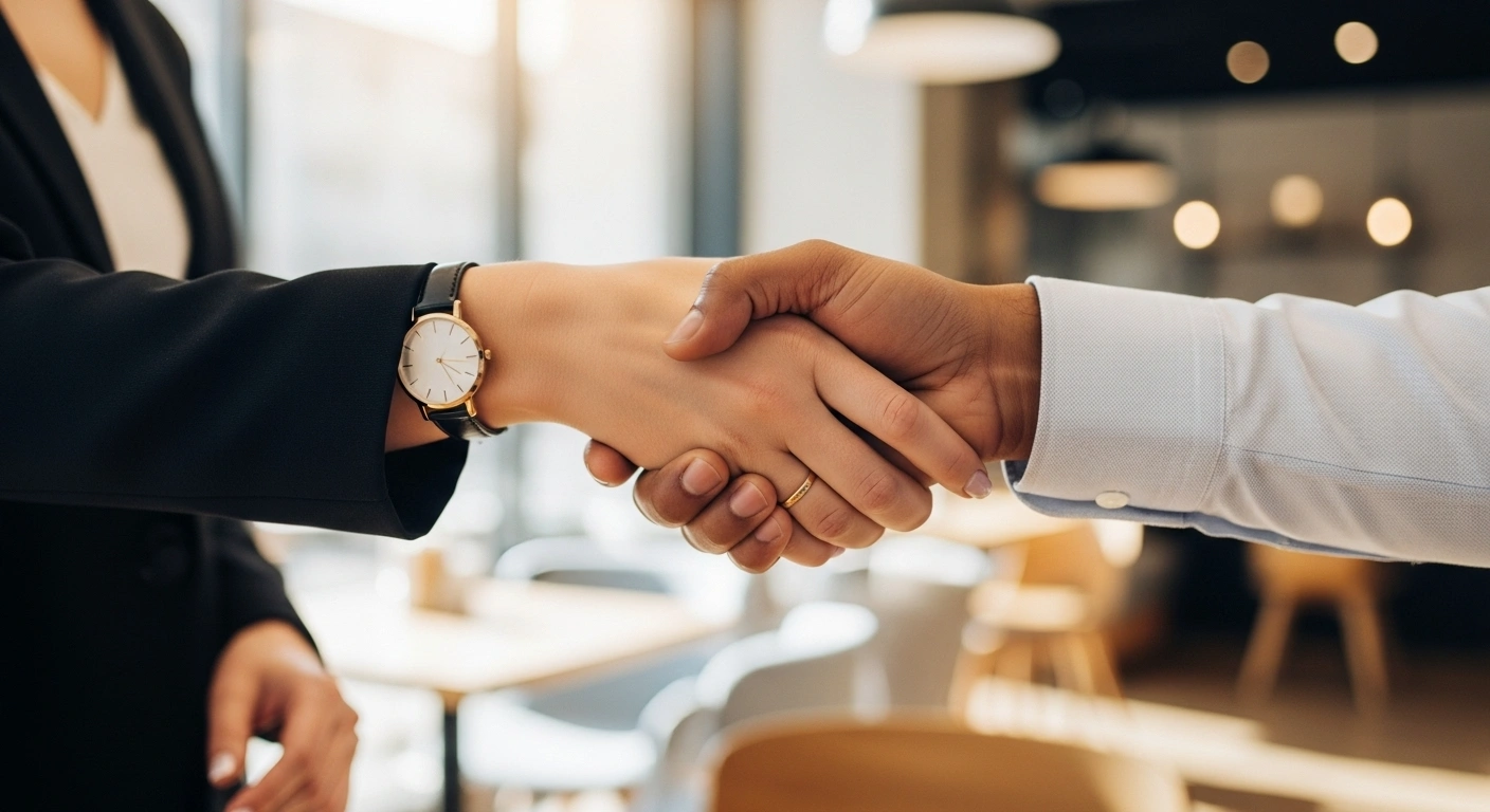 Deux personnes se serrant la main, symbolisant une connexion authentique et humaine.