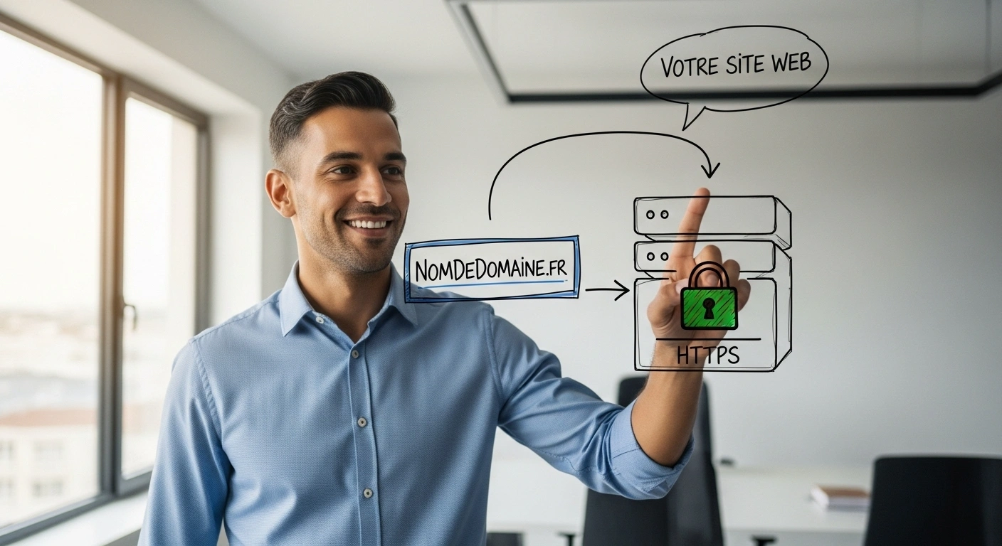 Interface simplifiée montrant une connexion facile entre un nom de domaine et un site web.