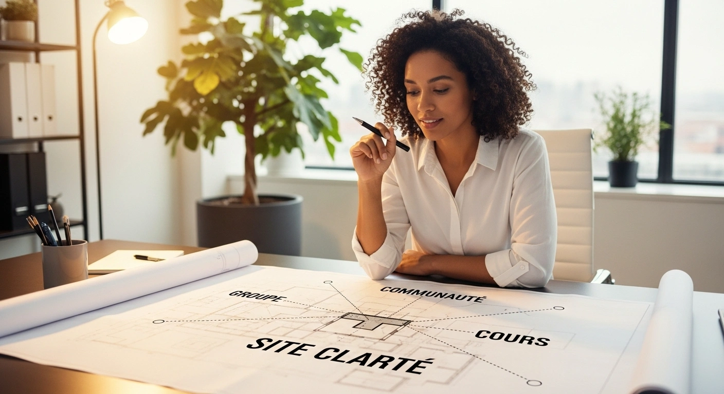 Personne planifiant la croissance de son activité de coaching, symbolisant la construction d'un site web comme une fondation évolutive.