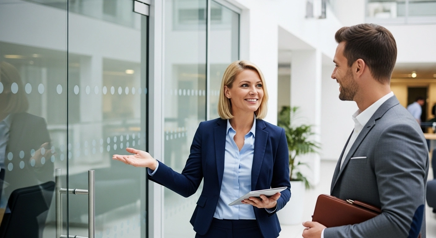 Consultant accueillant un nouveau client dans un bureau moderne et organisé, illustrant une expérience fluide.