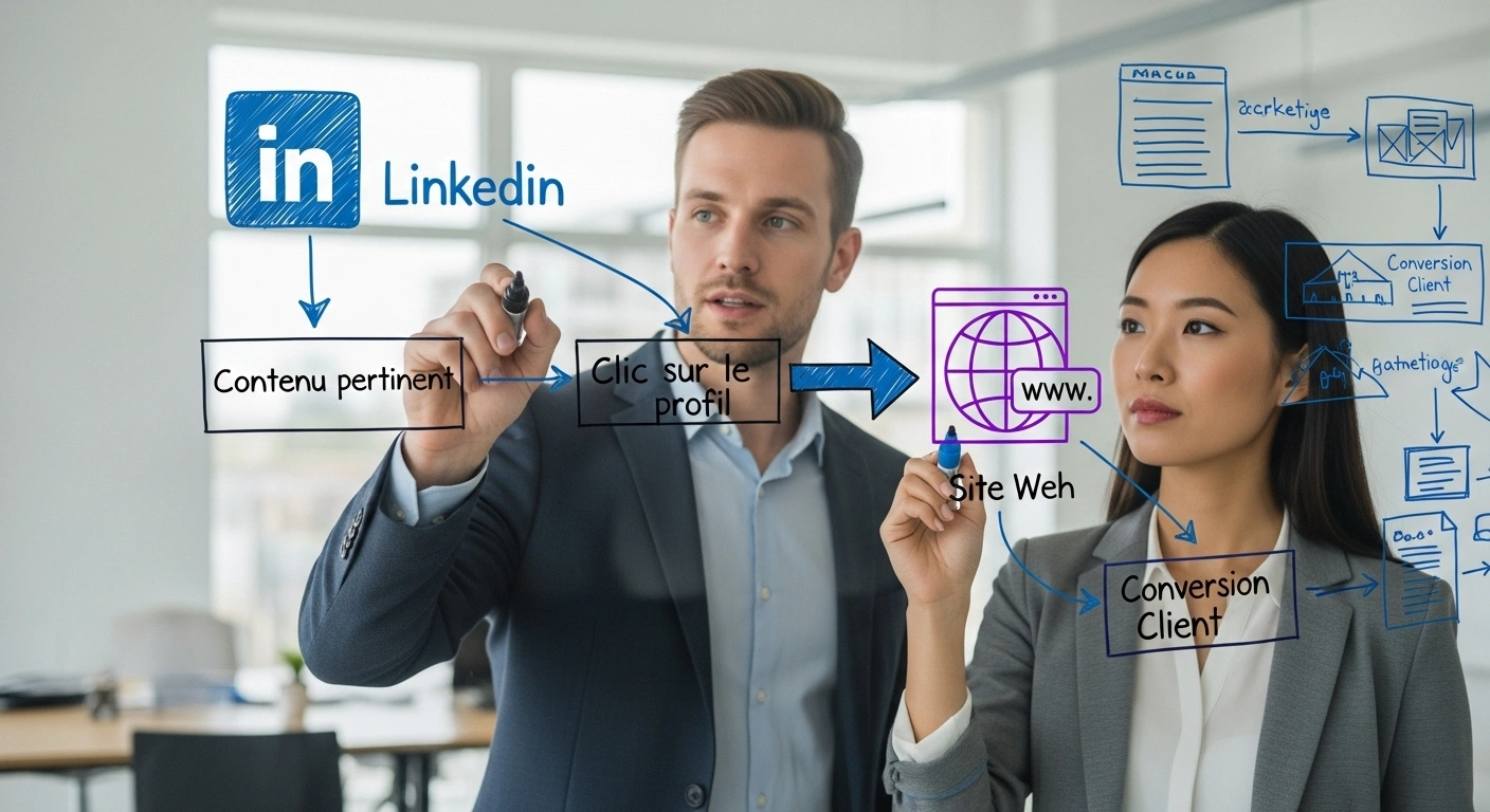 Capture d'écran d'un profil LinkedIn optimisé pointant vers un site web professionnel et cohérent.