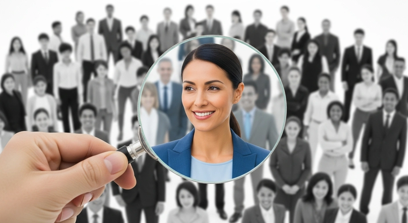 Loupe se concentrant sur une personne précise dans une foule, symbolisant le ciblage du client idéal.