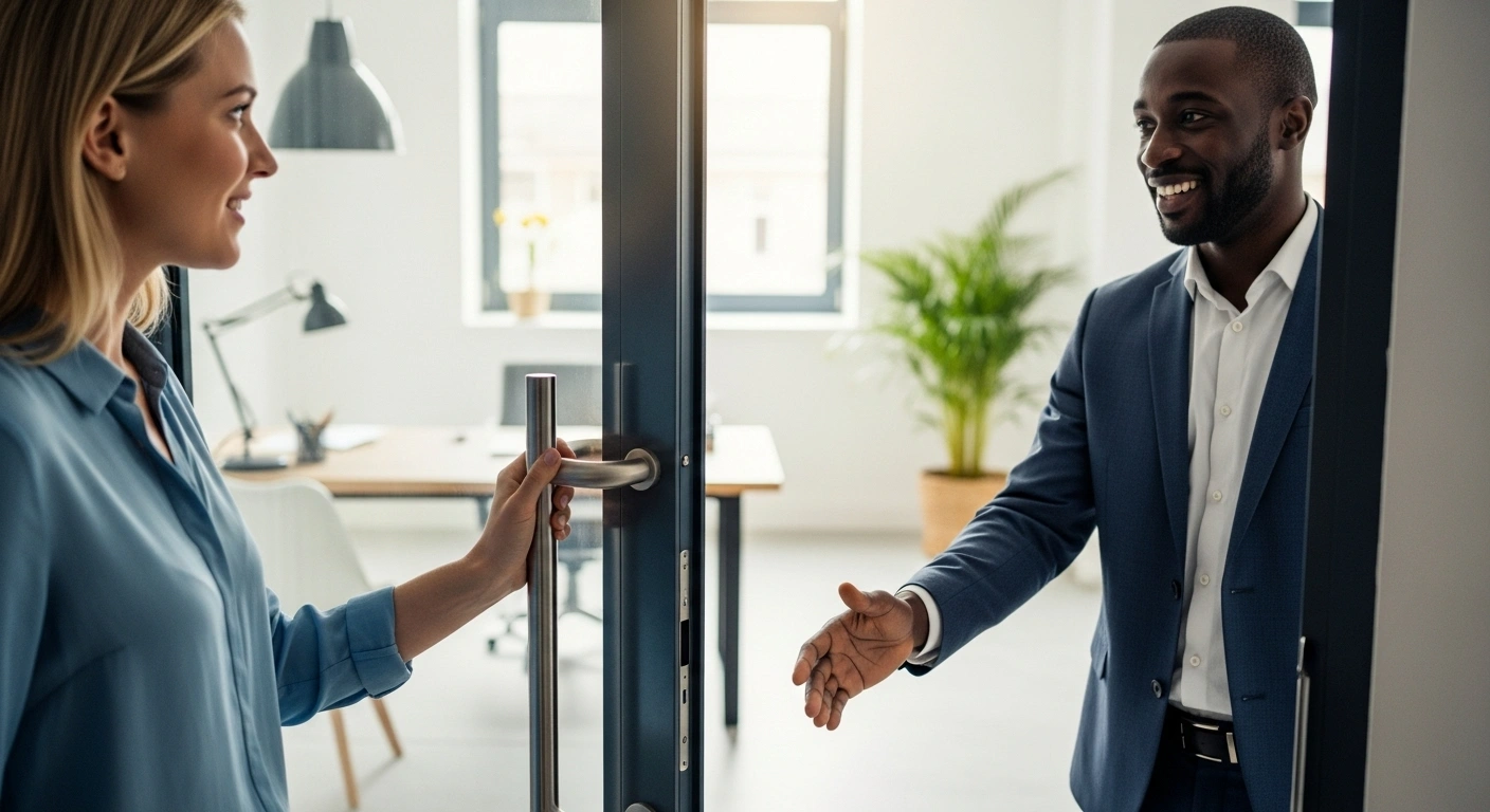 Une porte entrouverte laissant passer de la lumière, symbolisant une offre d'entrée accessible.