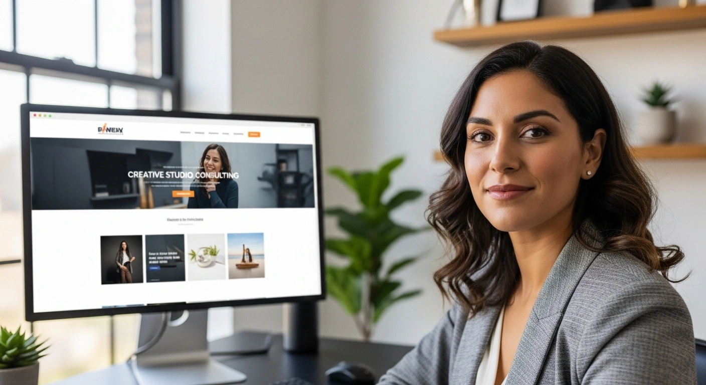 Entrepreneur confiant lors d'un appel vidéo, avec son site web professionnel visible en arrière-plan, symbolisant la congruence et la confiance en soi.