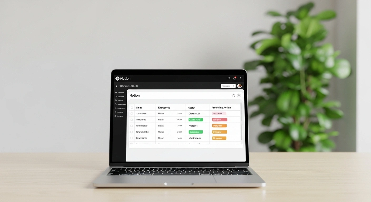 Interface de l'application Notion montrant une base de données clients claire et structurée.