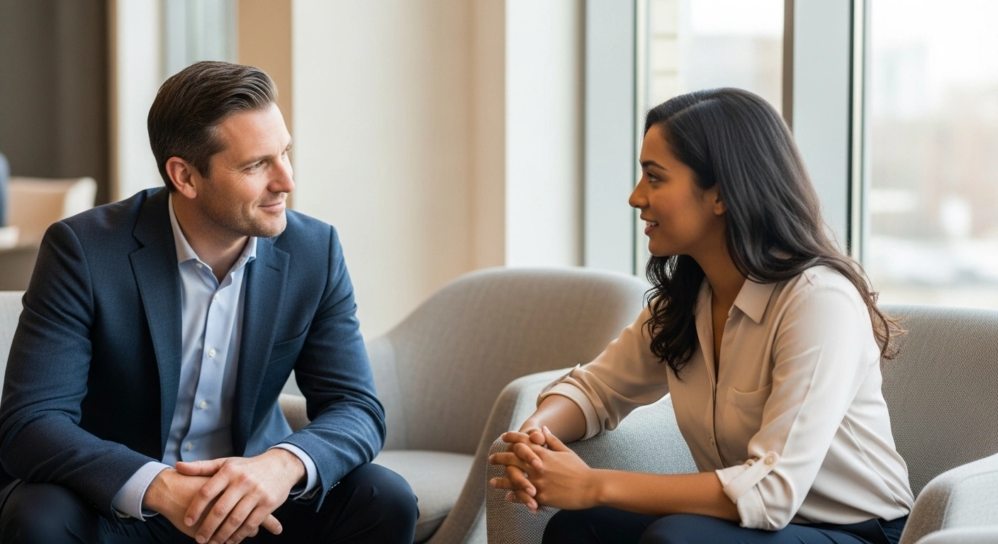 Deux personnes ayant une discussion authentique et connectée, symbolisant le partenariat.