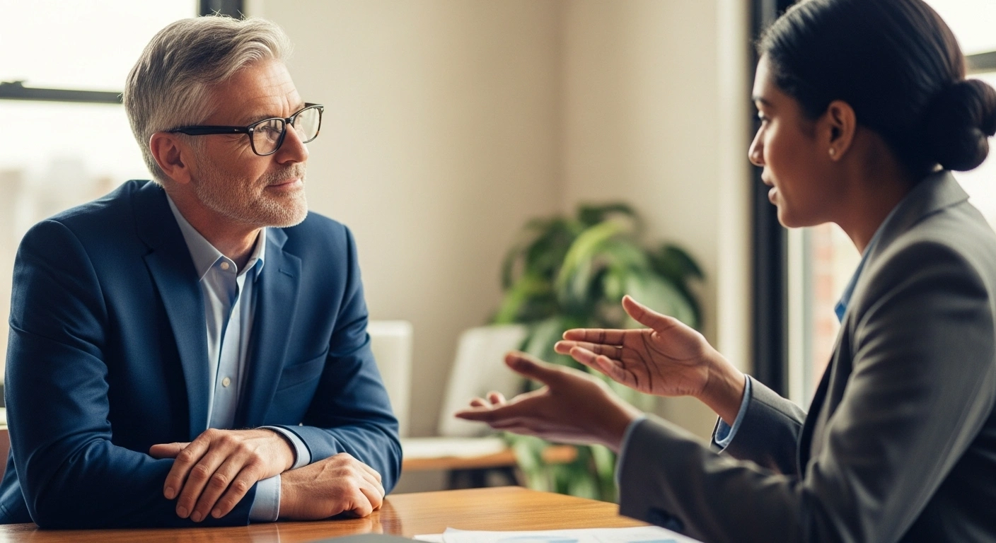Consultant en posture de médecin, écoutant avec attention les symptômes de son client en entreprise