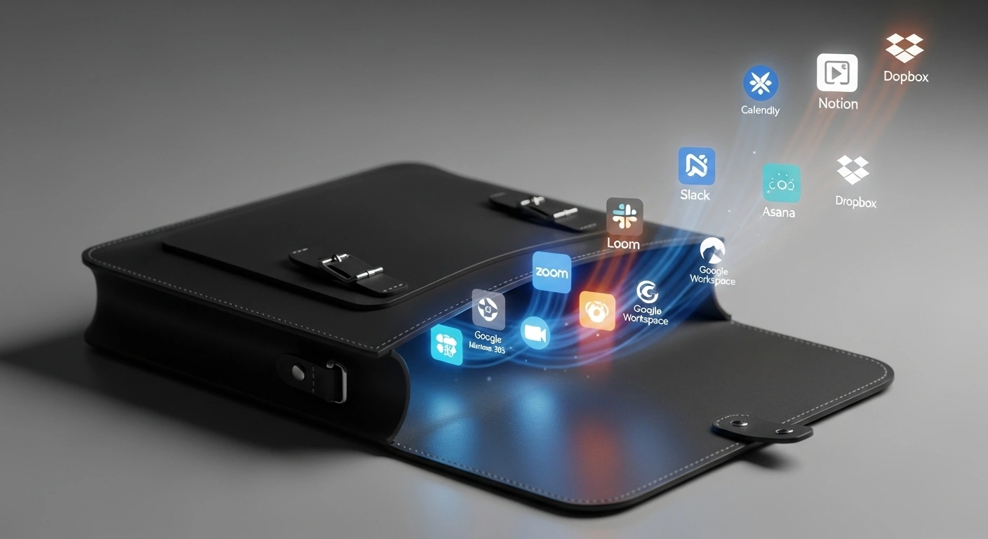 Sacoche de travail ouverte avec des icônes d'applications digitales qui en sortent.