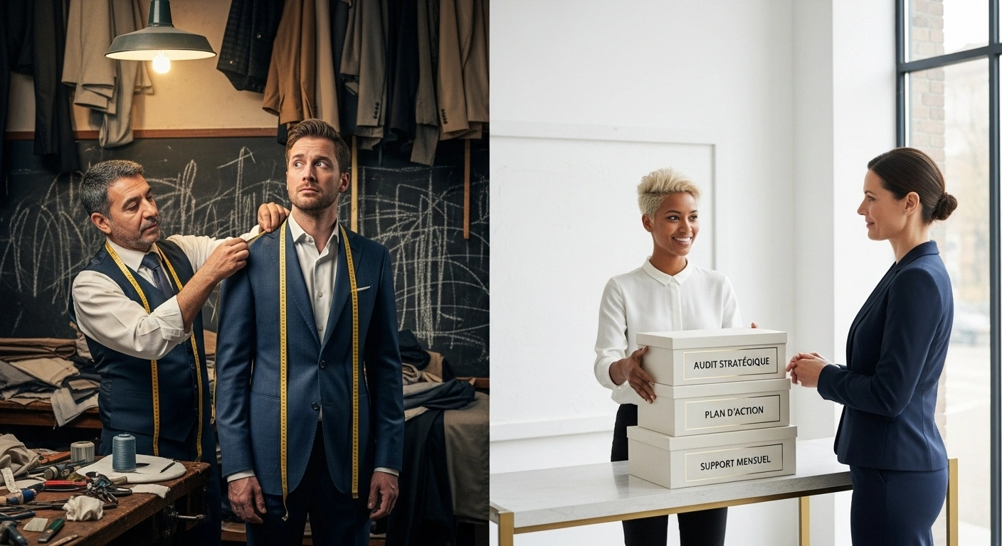 Comparaison entre un service sur-mesure complexe et un service productisé clair et élégant.