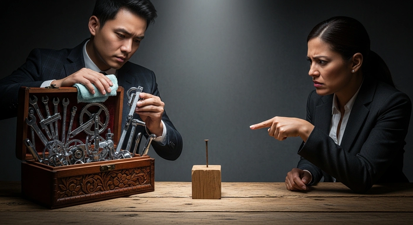 Consultant montrant ses diplômes tandis que le client pointe son problème business