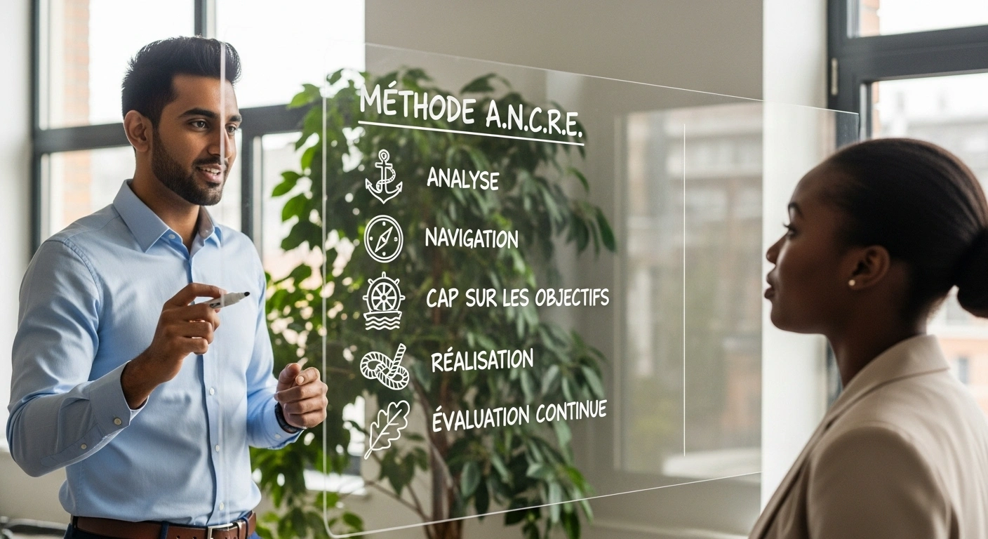 Consultant présentant une méthodologie claire et structurée à un client.