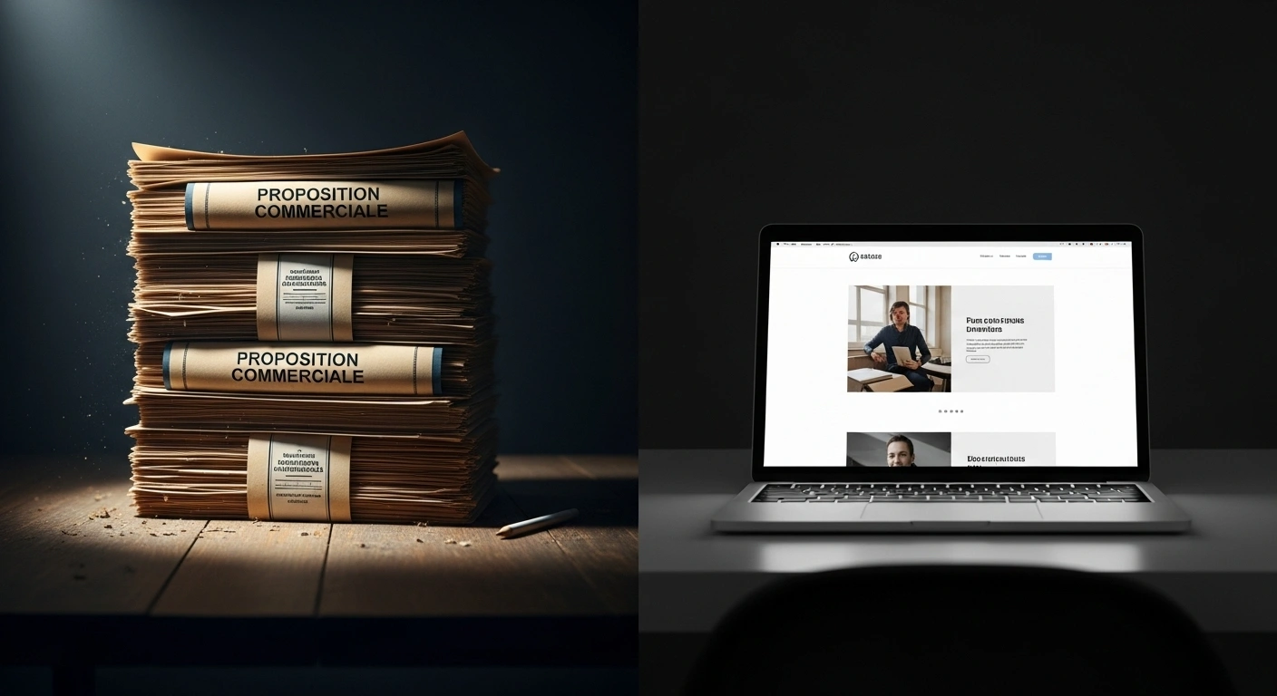 Proposition commerciale papier prenant la poussière à côté d'un site web dynamique