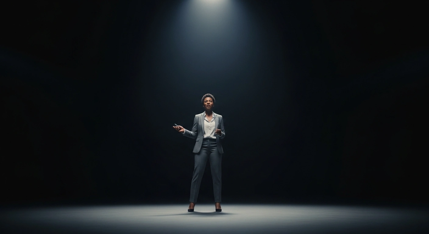 Consultant sur une scène, éclairé par un projecteur, symbolisant le leadership d'opinion