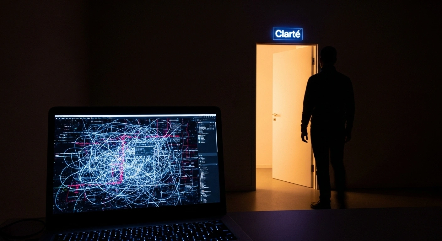 Silhouette d'un client potentiel s'éloignant d'un ordinateur, représentant une opportunité manquée.